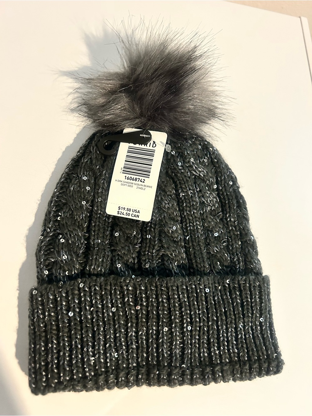 torrid Gray Sequin Knit Beanie with Faux-Fur Pom